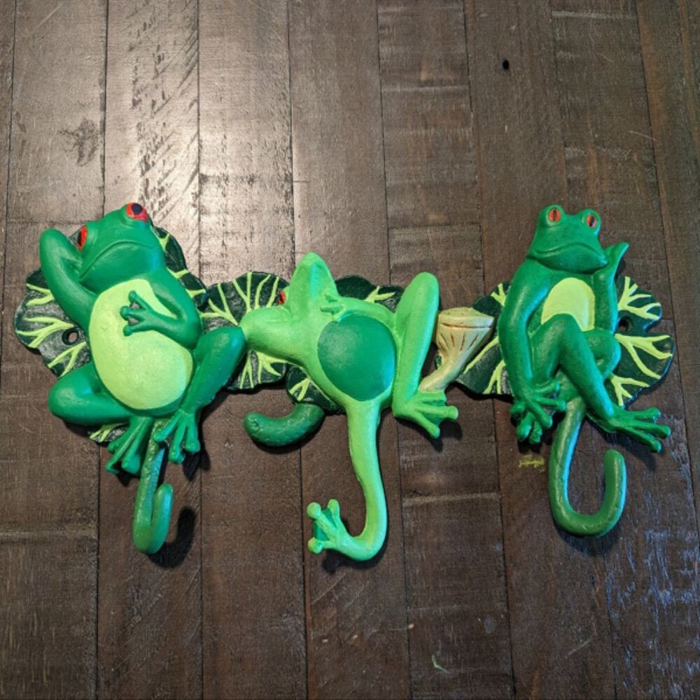 Upcycled Cast Iron Hand Painted Frog Mushroom Lily Pad Wall Hooks